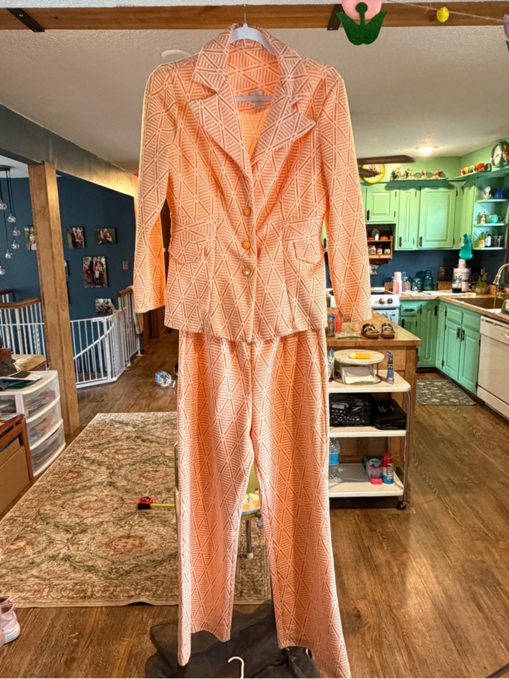 Polyester 70s Vintage Orange & White Geometric Pantsuit made in Jamaica M/L